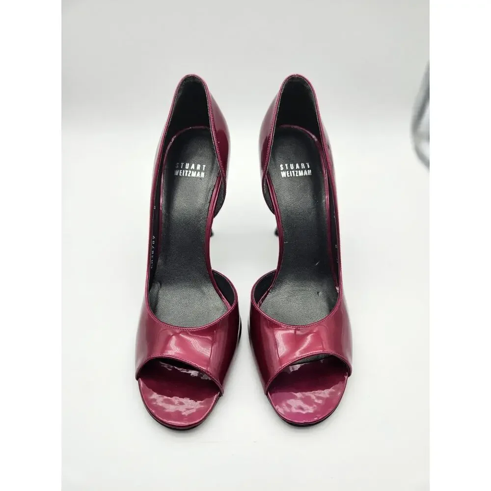 Stuart Weitzman Peep Toe Stiletto Pumps Magenta Glossy Patent Leather Sz 8